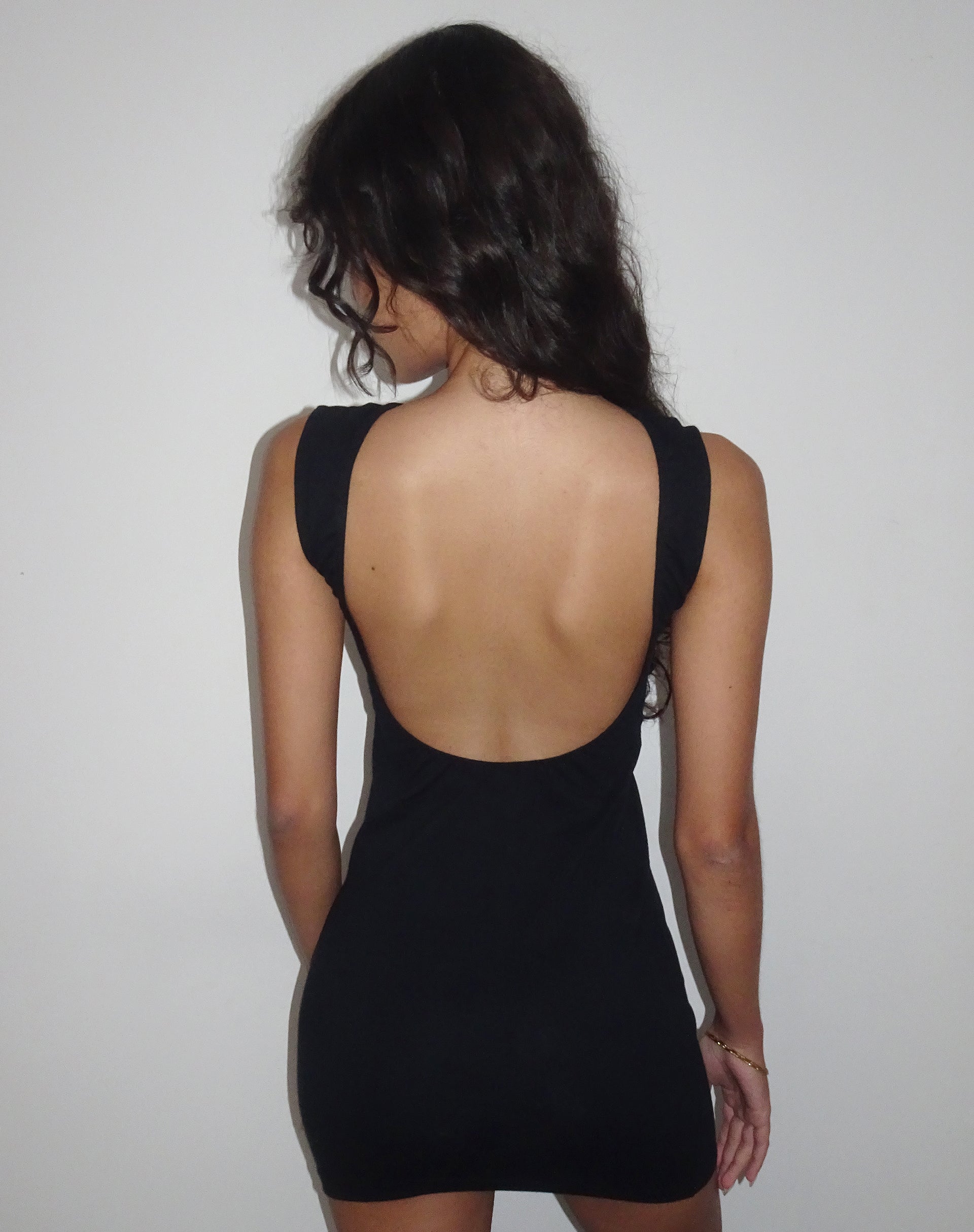 Slony Low Back Mini Dress in Black Lycra Slony Low Back Mini Dress in Black Lycra