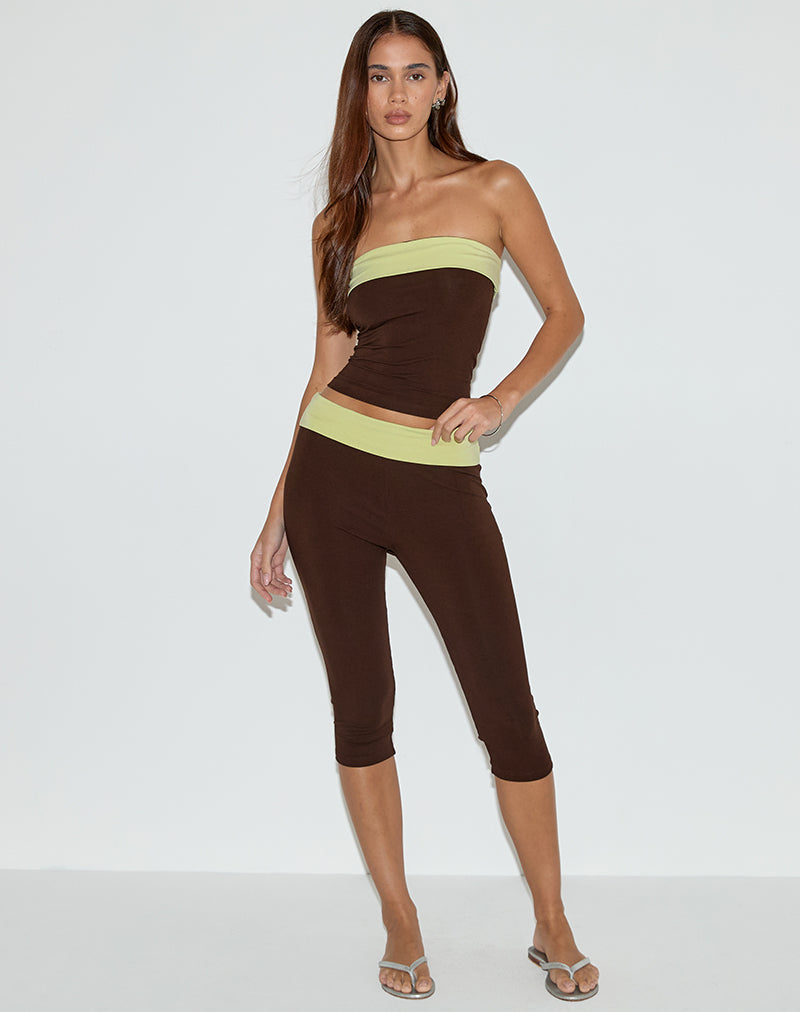 Brown with Green Binding Fold-over Waist Capri Trousers | Vivah