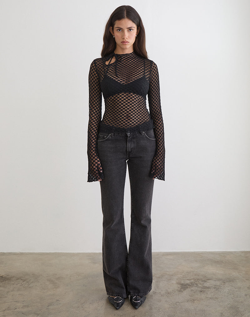 Image of Sonam Long Sleeve Keyhole Top in Polka Lace Black