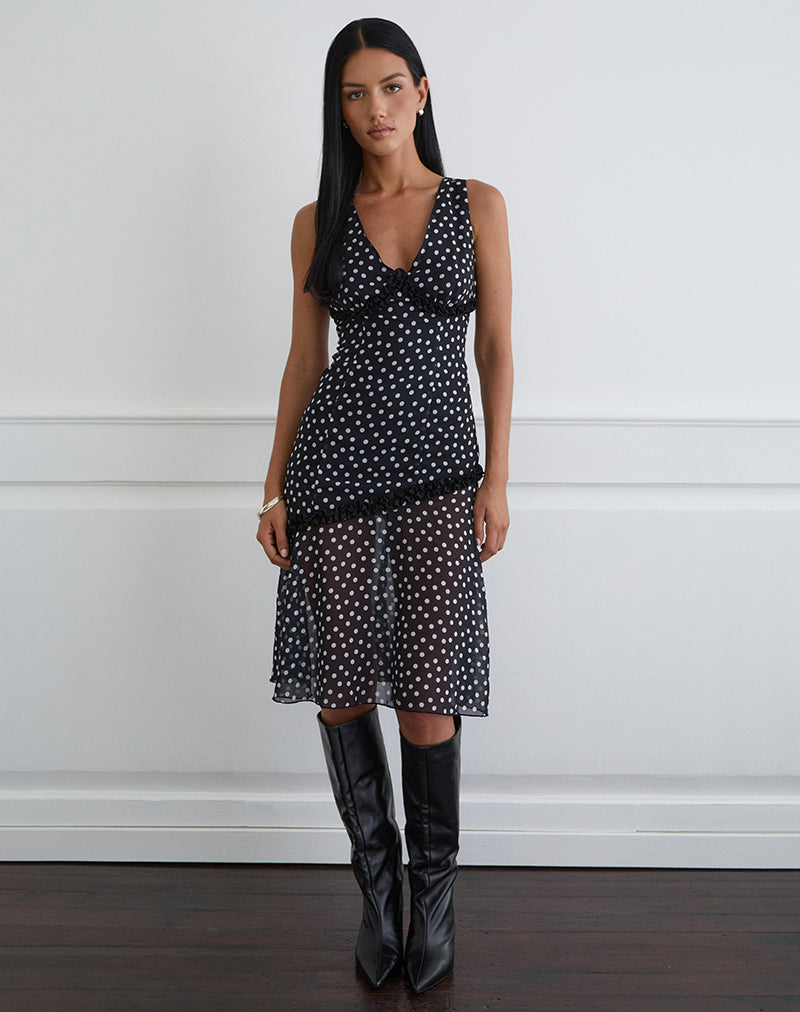 Image of Sovira Midi Dress in Chiffon Black with Tiny Polka Print