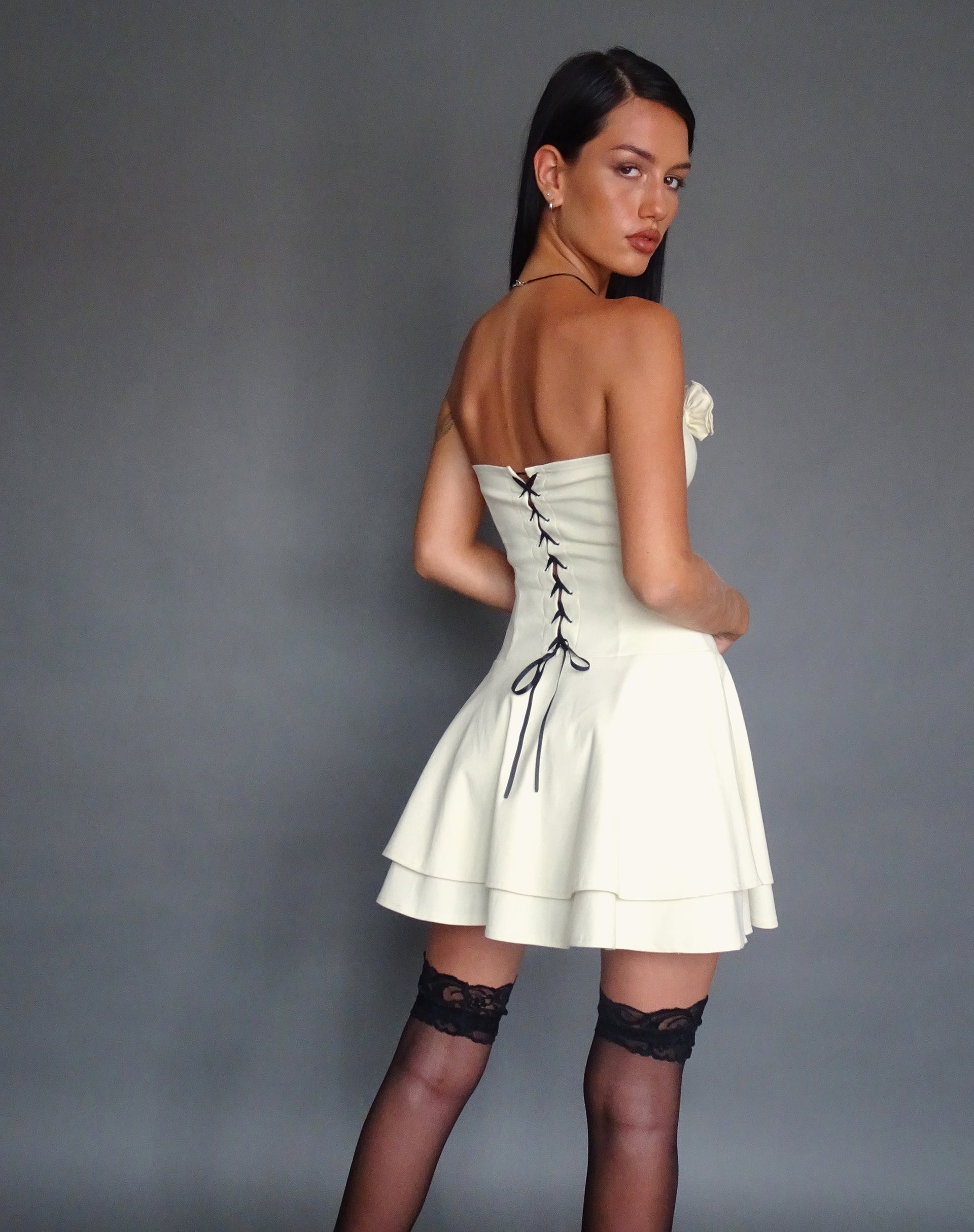 Cream Mini Dress with Rosette and Lace Back | Striata motelrocks-com-us Cream Mini Dress with Rosette and Lace Back | Striata motelrocks-com-us