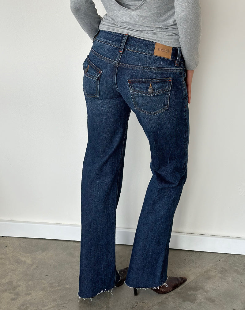 Image of Stud Low Rise Bootcut Jeans in Dark Blue Wash