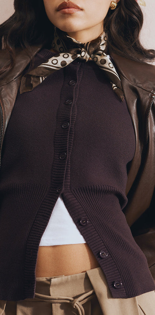Image of Subra Long Sleeve Ribbed Hem Cardi in Bitter Chocolate