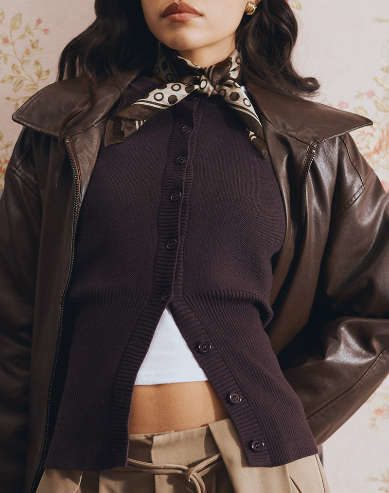 Subra Long Sleeve Ribbed Hem Cardigan in Bitter Chocolate