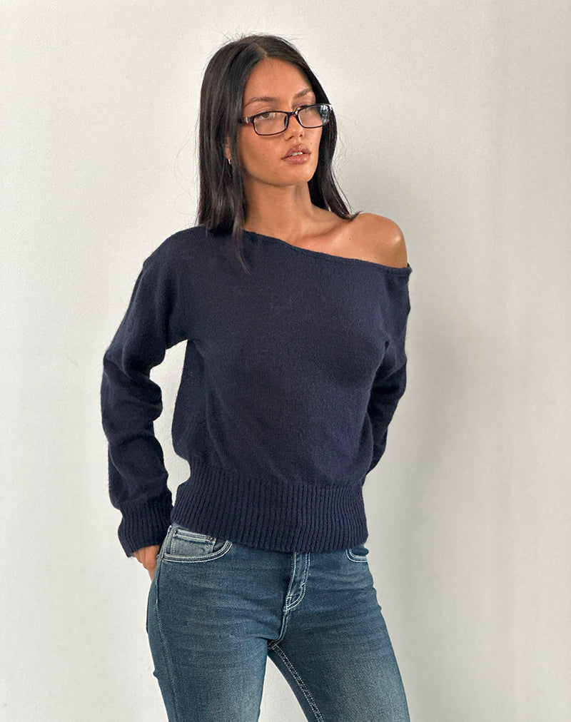 Navy Blue Sheer Knit Long Sleeve Asymmetric Jumper | Navy