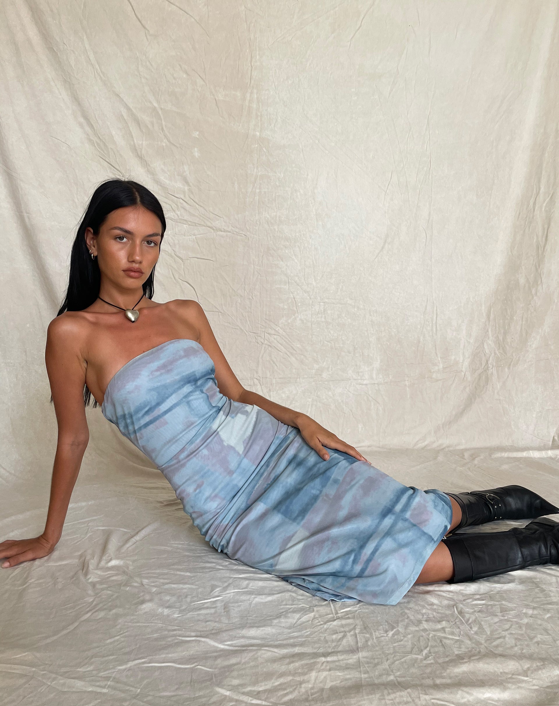 Image of MOTEL X JACQUIE Suki Bandeau Midi Dress in Mesh Abstract Paint Brush Blue