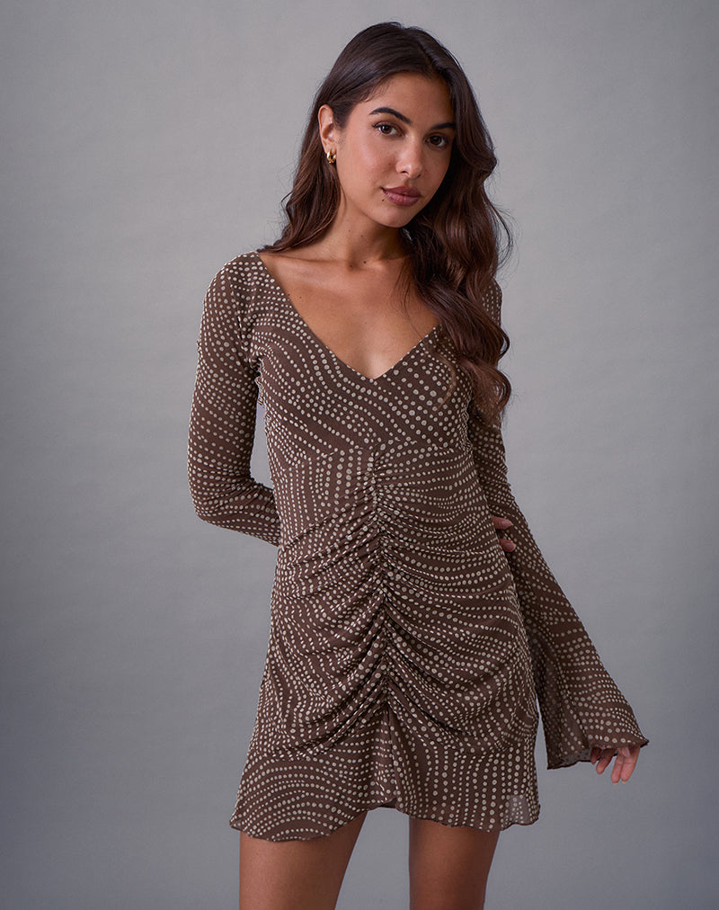 Image of Sumiko Mini Dress in Abstract Polka Flock Brown