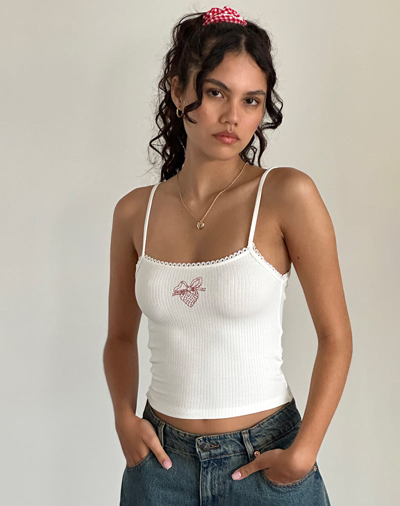 Suna Vest Top in Off White with Strawberry Bow Print