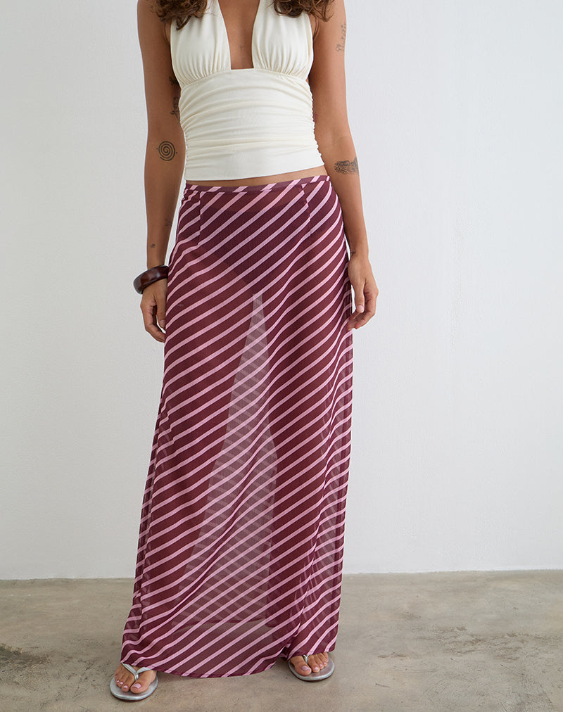 Surina Maxi Skirt in Tilted Stripe Chiffon Pink and Burgundy