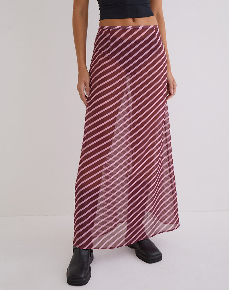 Surina Maxi Skirt in Tilted Stripe Chiffon Pink and Burgundy