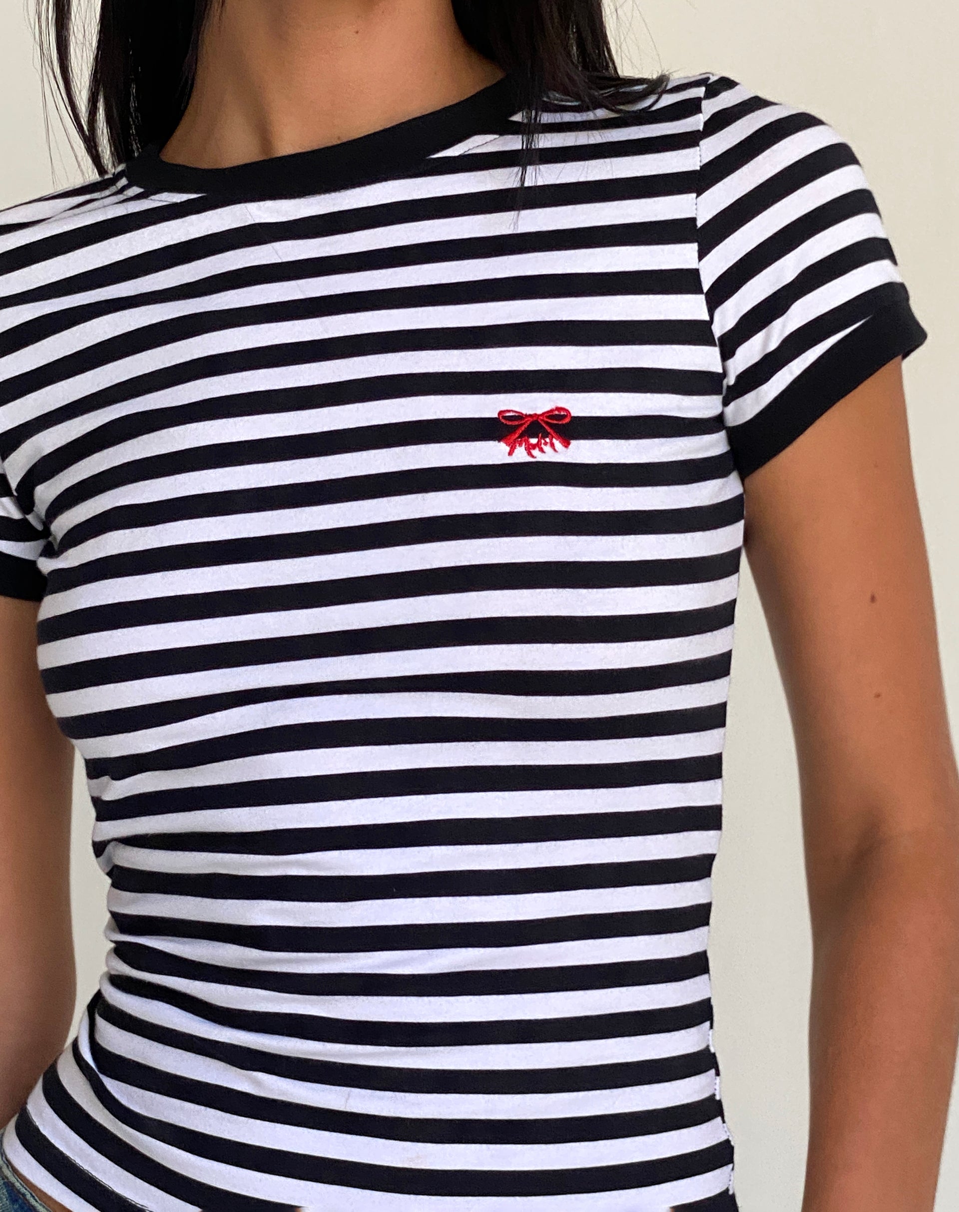 Sutin Tee in Black and White Stripe with M Embro