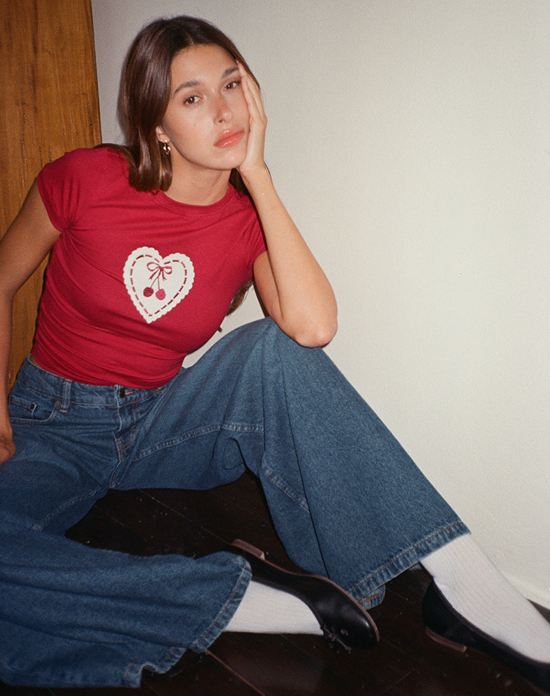 Adrenaline Red Baby Tee with Embroidered Cherry Heart | Sutin ...