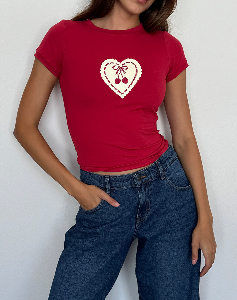 Adrenaline Red Baby Tee with Embroidered Cherry Heart | Sutin – motelrocks-com-us