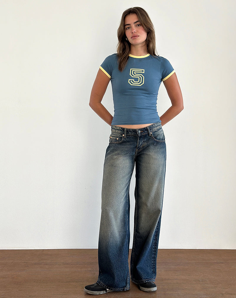 Blue Tee with Yellow Binding and 5 Emblem | Sutin – motelrocks-com-us