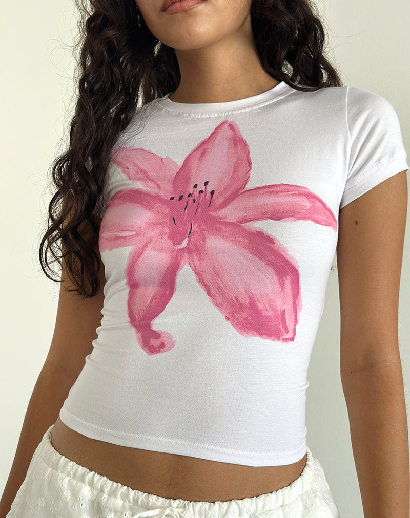 Sutin Tee in White with Painted Flower Pink