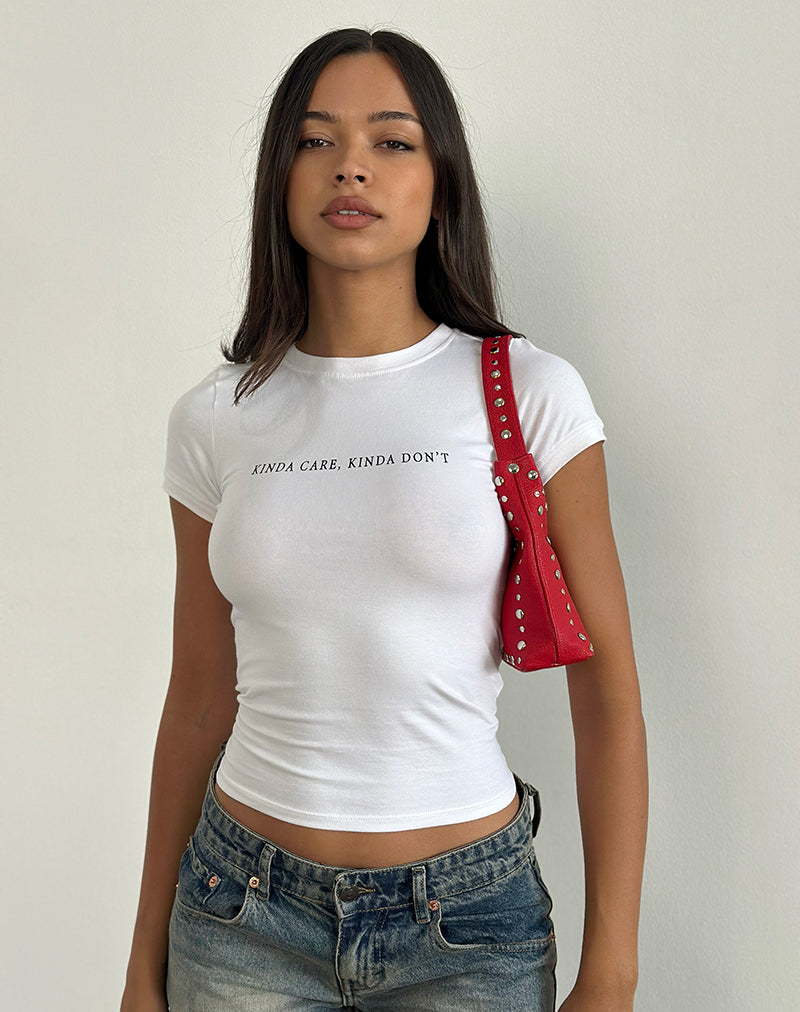 Sutin Top in White with Kinda Care Kinda Don't Graphic