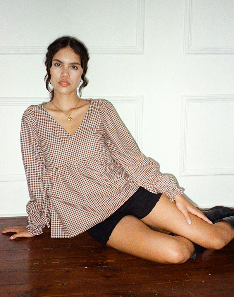 Image of Suzumi Wrap Blouse in Mini Gingham Brown