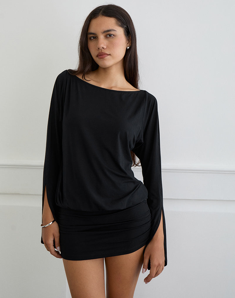 Sybe Cut Batwing Sleeve Mini Dress in Black , Long Sleeve Sybe Cut Batwing Sleeve Mini Dress in Black , Long Sleeve