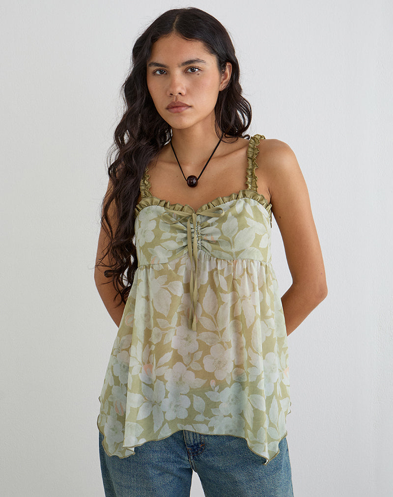Sylva Asymmetric Hem Cami Top in Pale Flower Green