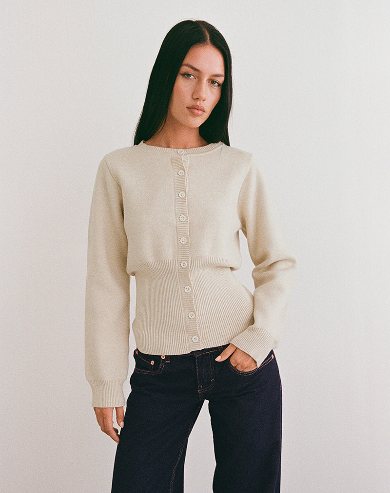 Image of Subra Long Sleeve Ribbed Hem Cardigan in Ivory