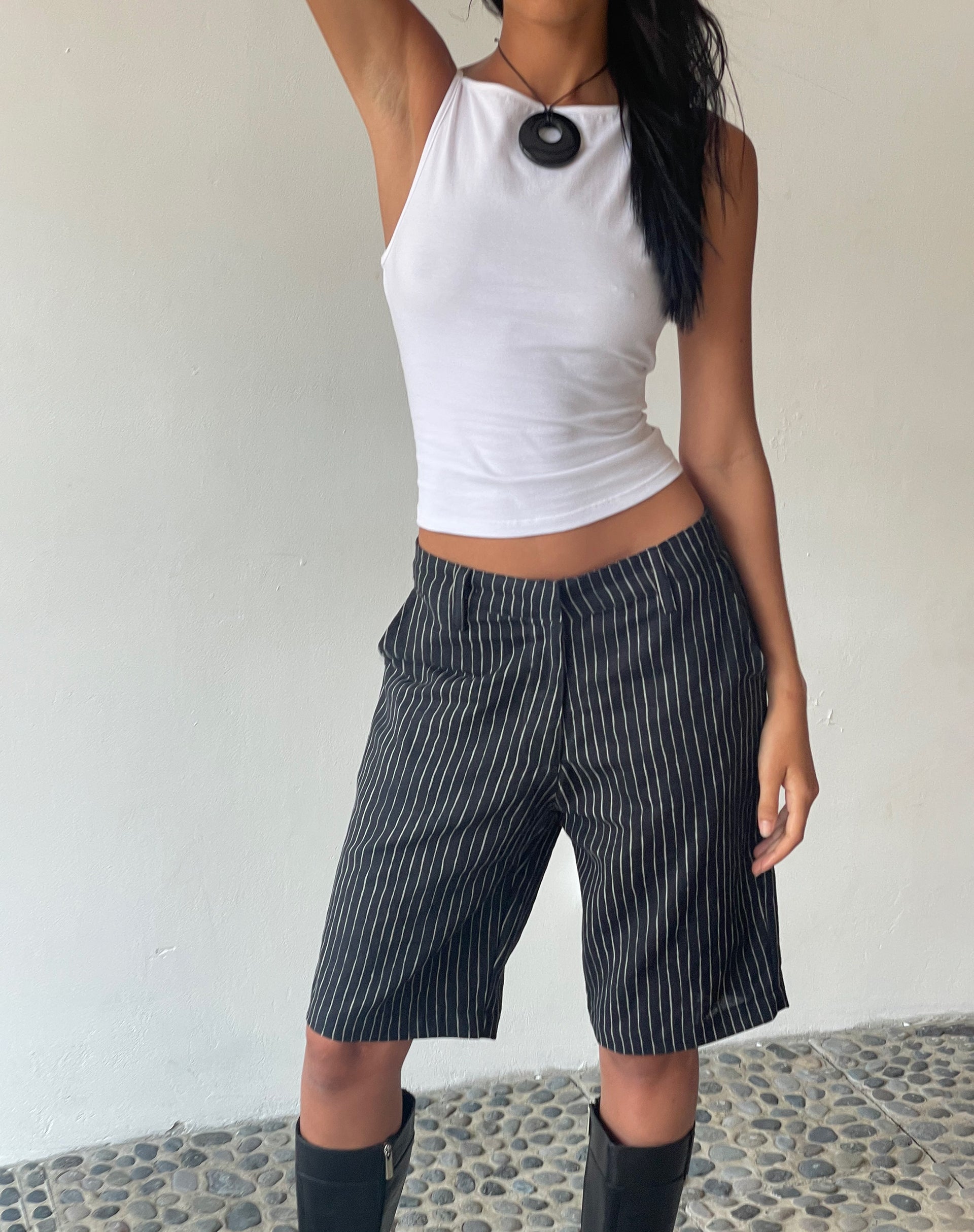 image of MOTEL X JACQUIE Tabaru Longline Shorts in Sketchy Stripe Black