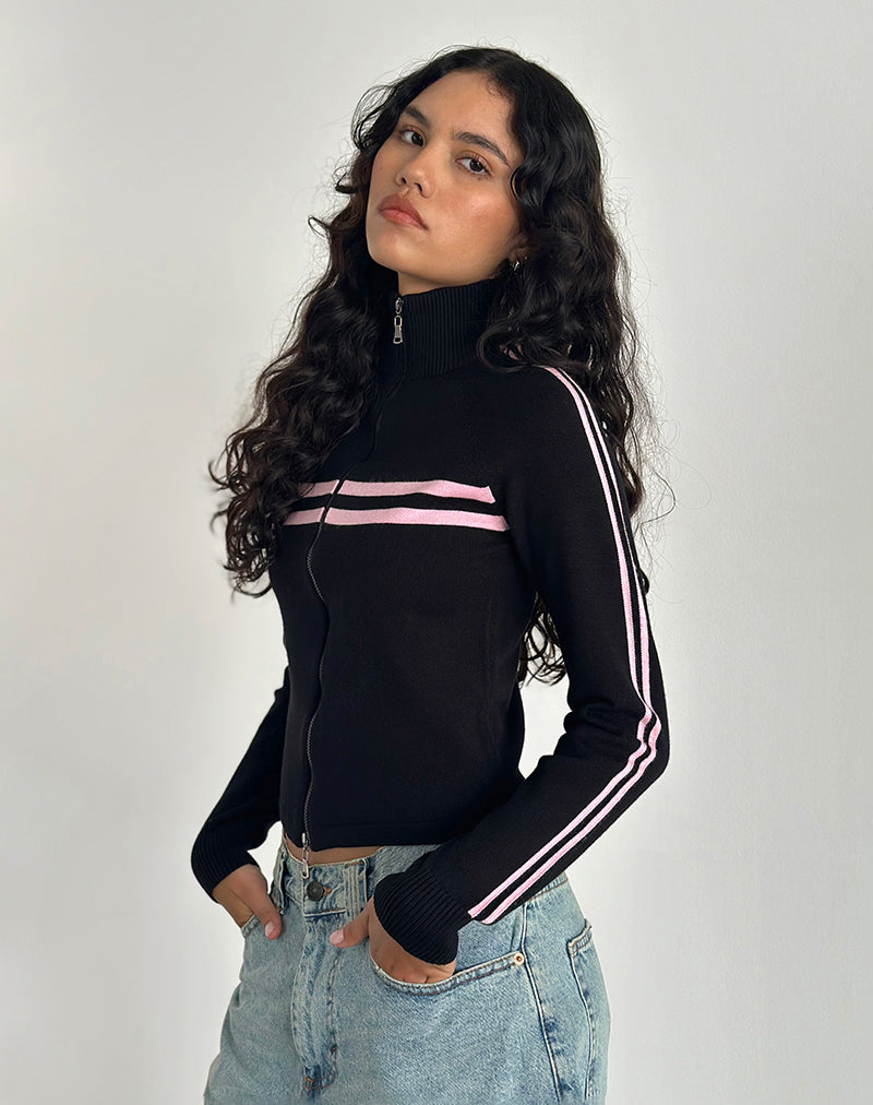 Talisa Zip Through Jacket in Black with Pink Stripe