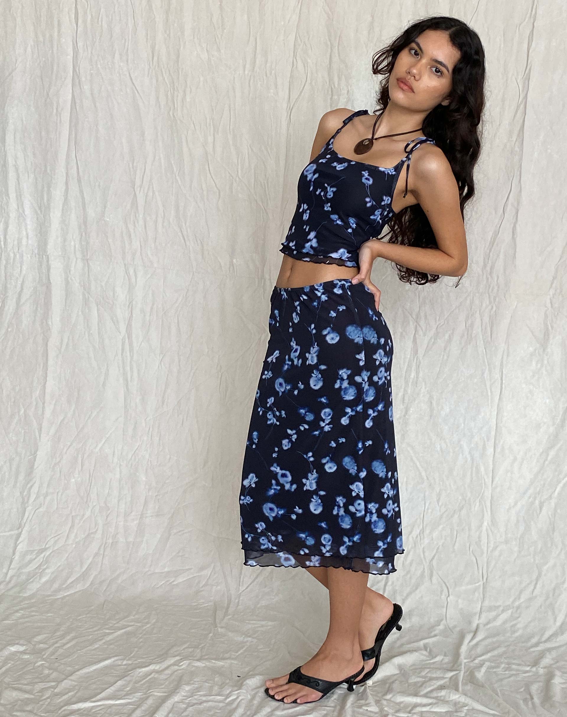 Image of Eldonia Mid Skirt in Mesh Navy Diffused Floral
