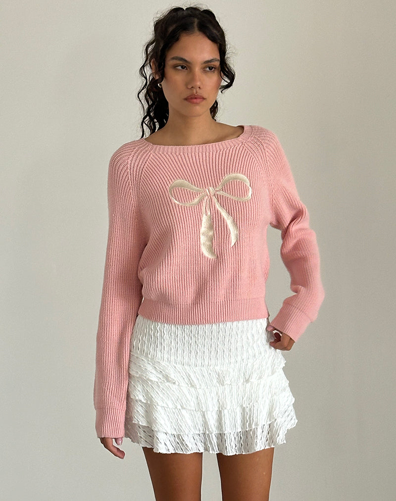 Tami Jumper in Knit Pink with White Bow Embroidery