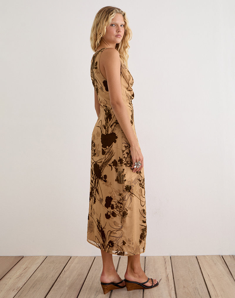 devore maxi dress Brown Devore Ruffle Front Tie Sleeve Maxi Dress
