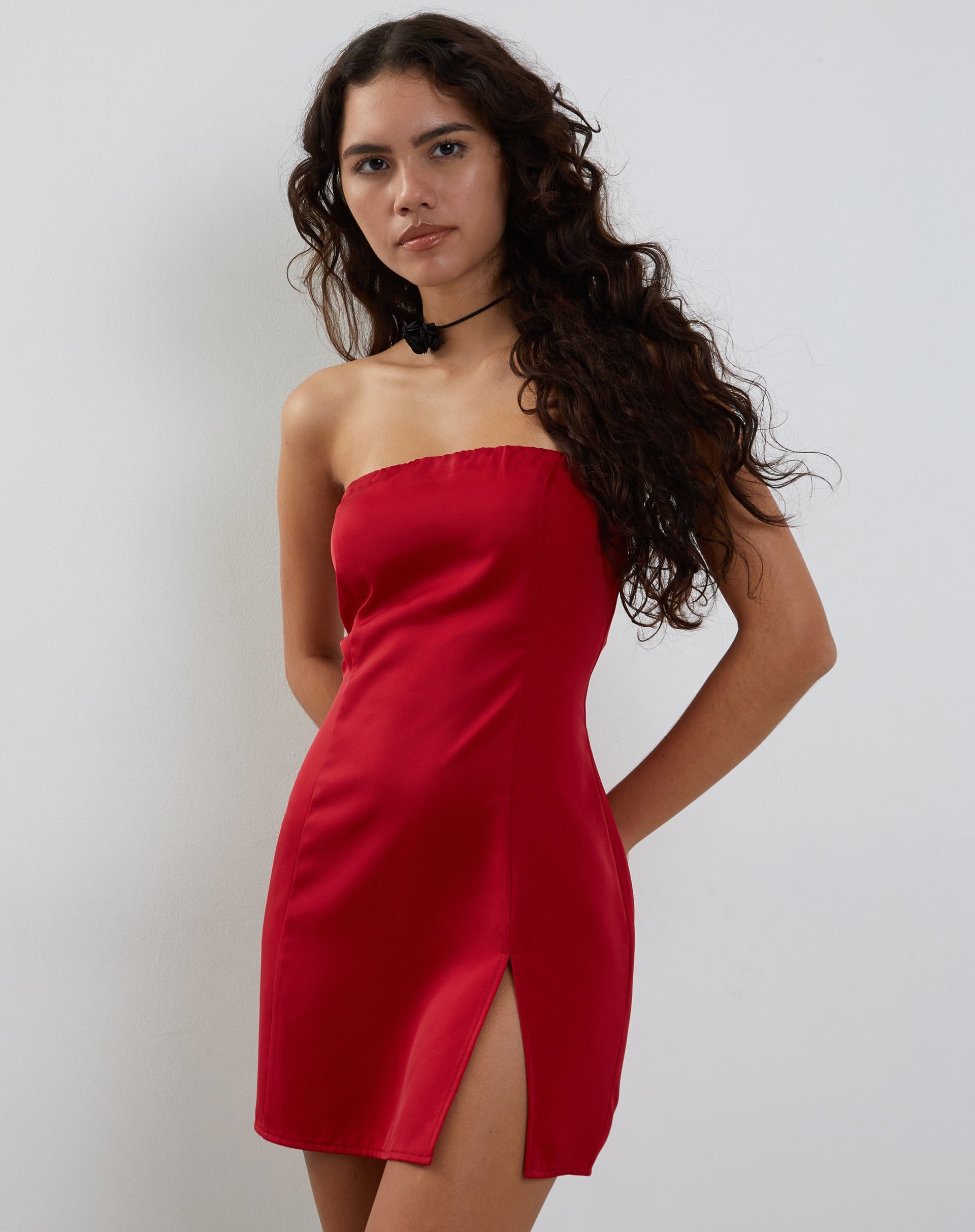dark red bodycon dress Deep Red Satin Bandeau Mini Dress