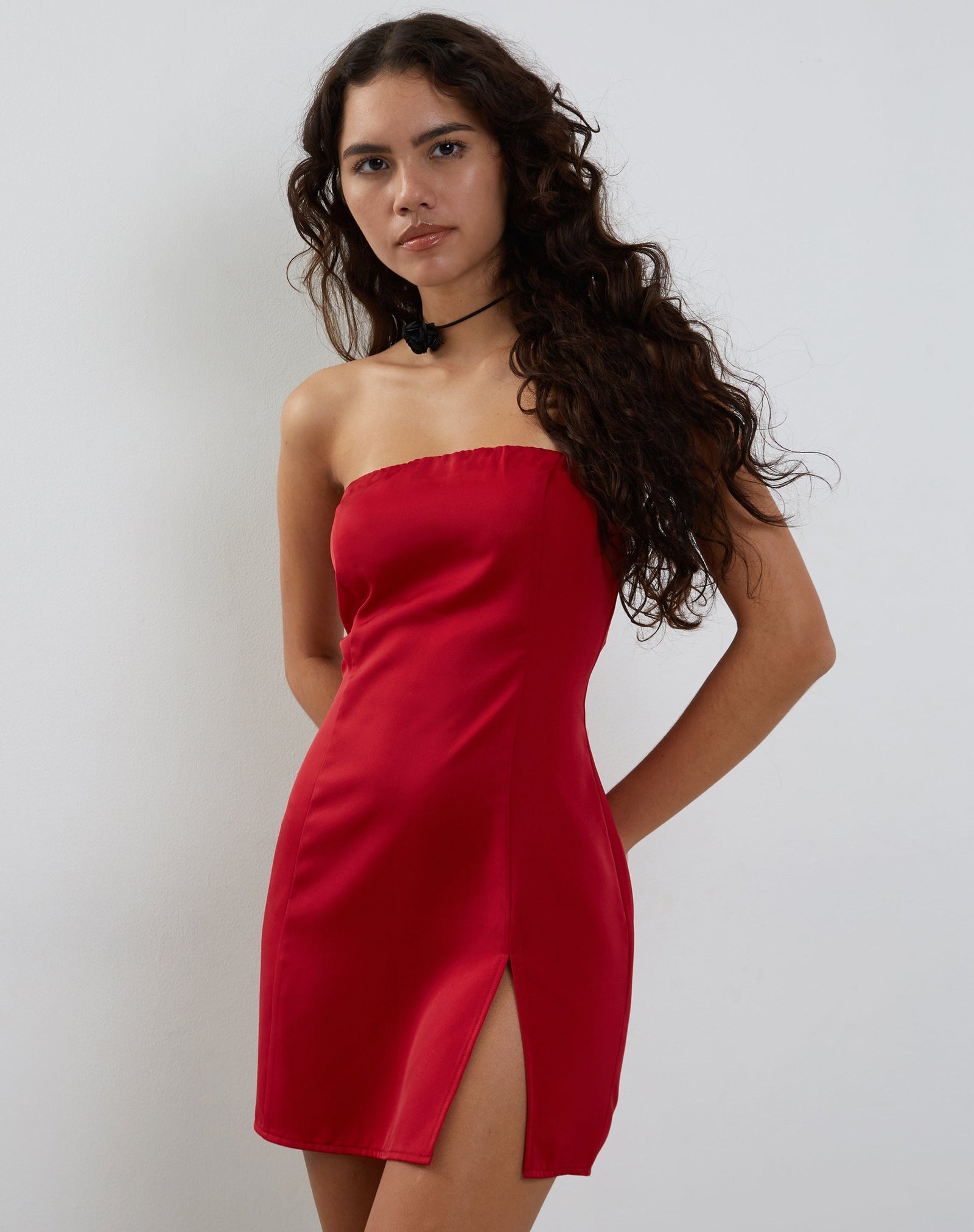 Red Fitted Strapless Satin Dress - Structured Mini Dress