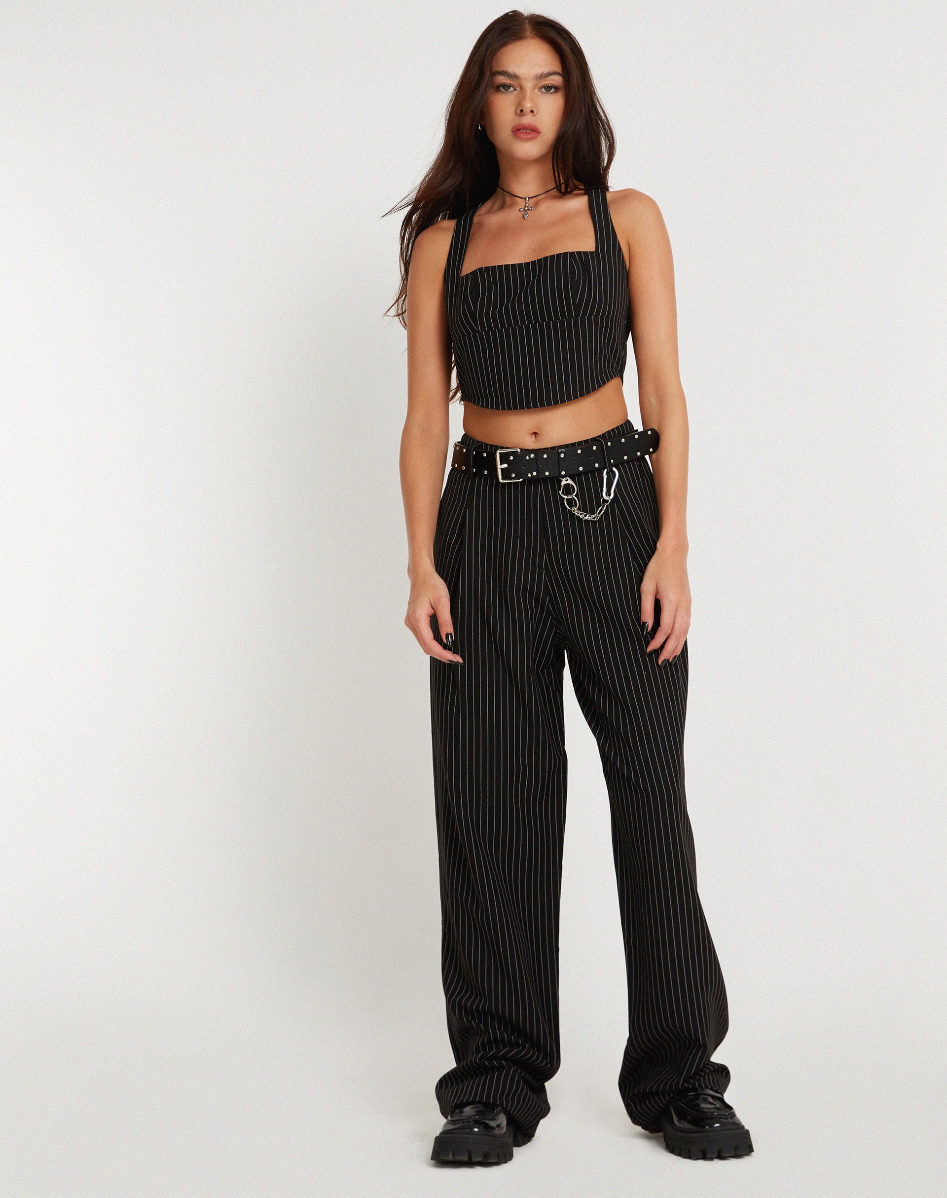 Image of Saskira Wide Leg Trouser in Pinstripe Black