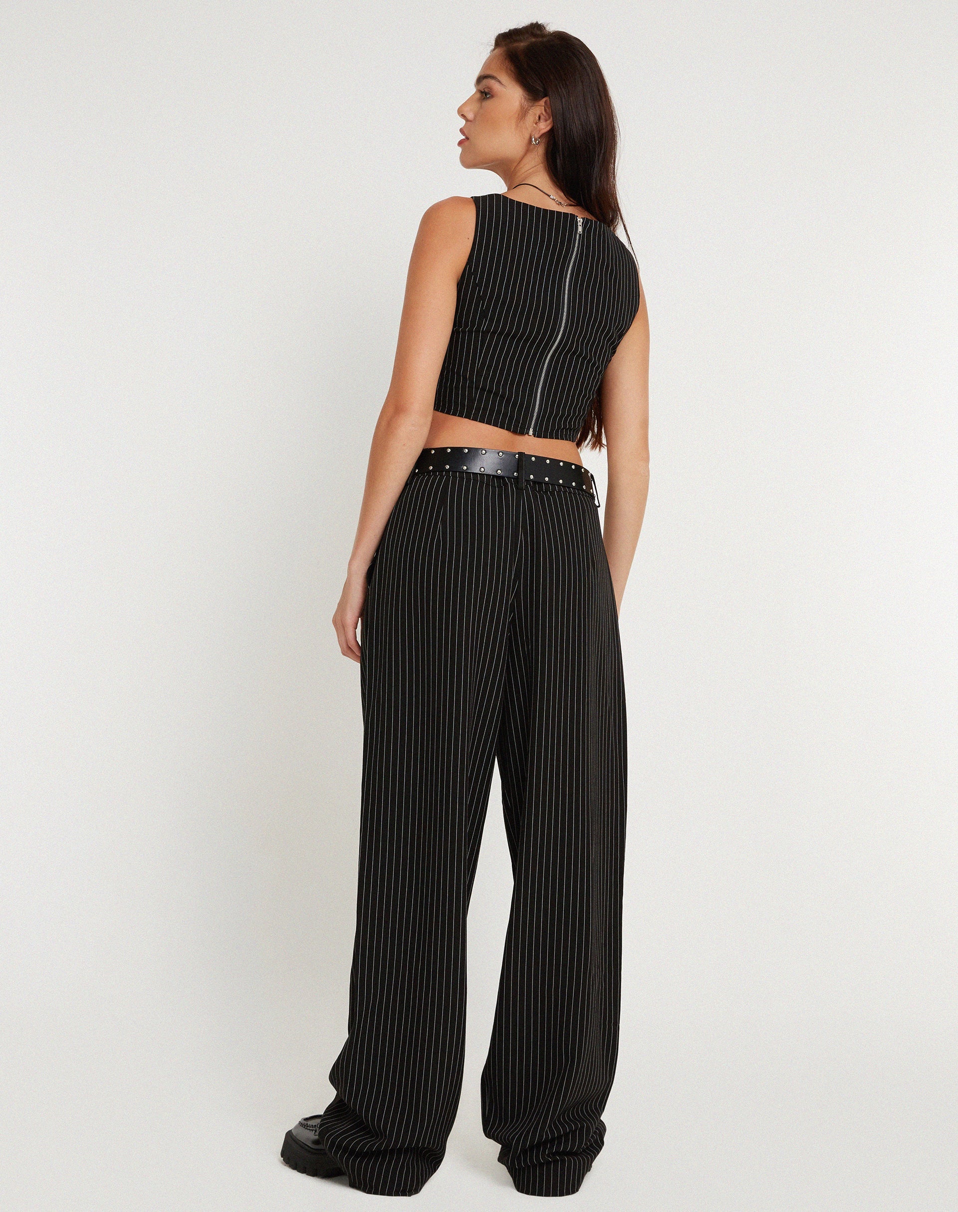 Image of Saskira Wide Leg Trouser in Pinstripe Black