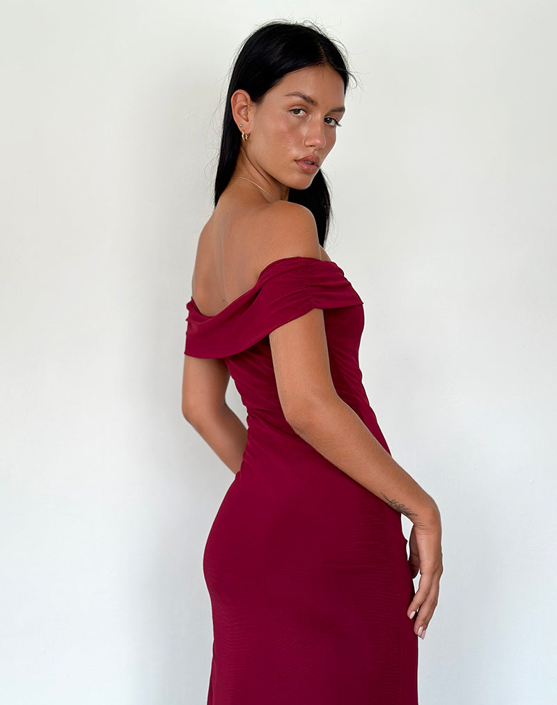 Women's Tarna Bardot Maxi Dress in Mesh Burgundy, XXL Women's Tarna Bardot Maxi Dress in Mesh Burgundy, XXL