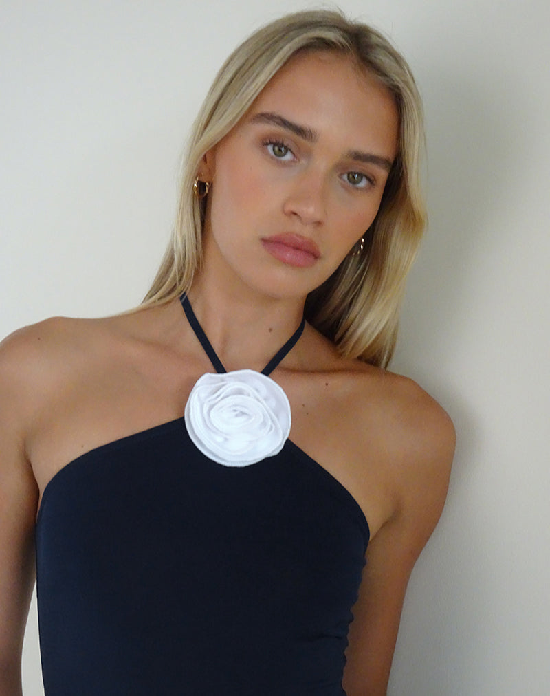 Image of Tarrina Halterneck Top in Dark Navy with White Rosette