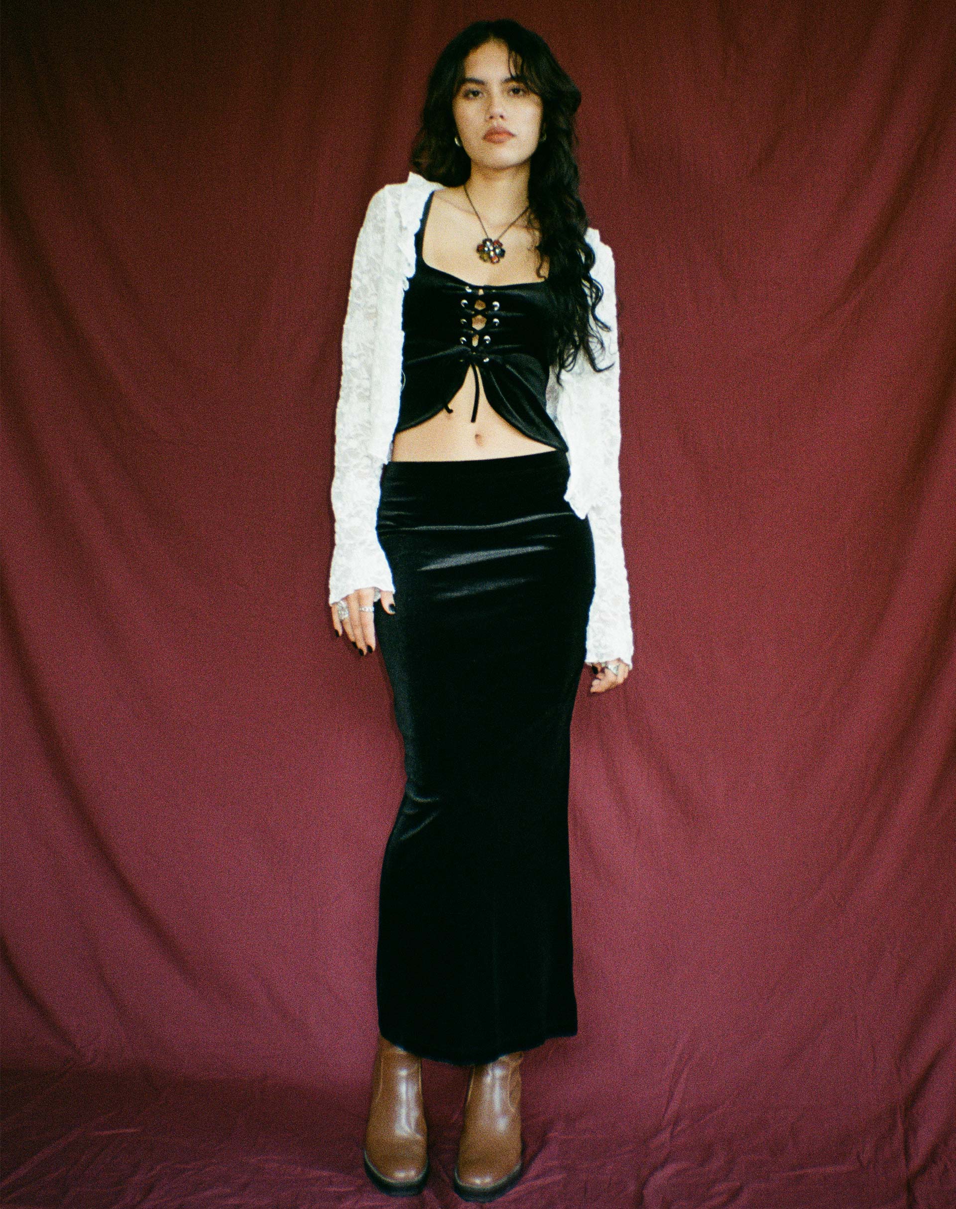 Long black velvet wrap skirt best sale