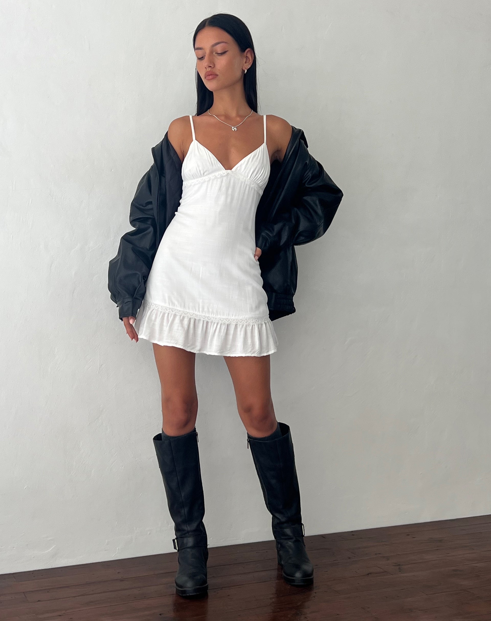 Women's Tavita Frill Mini Dress in White, XL , V Neck White Women's Tavita Frill Mini Dress in White, XL , V Neck White