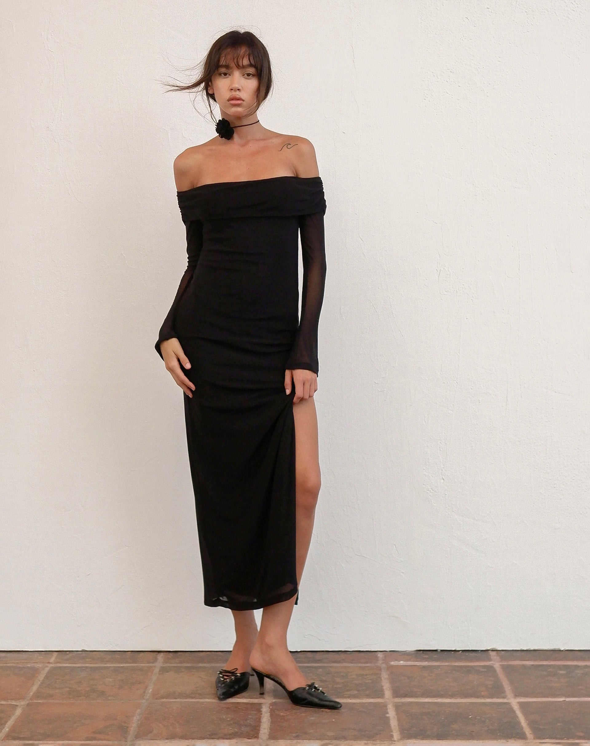 black bardot dress maxi Draped Bardot Maxi Dress Black