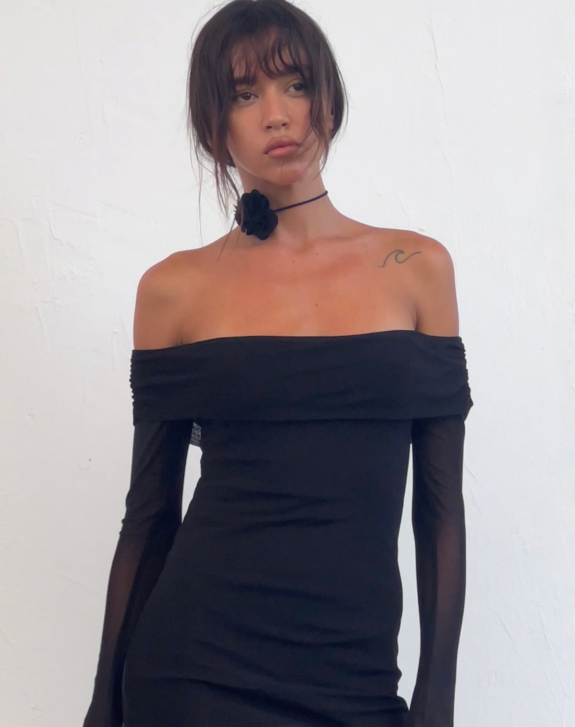 black long sleeve bardot dress Long Sleeve Bardot Crystal Detail Maxi Dress Black