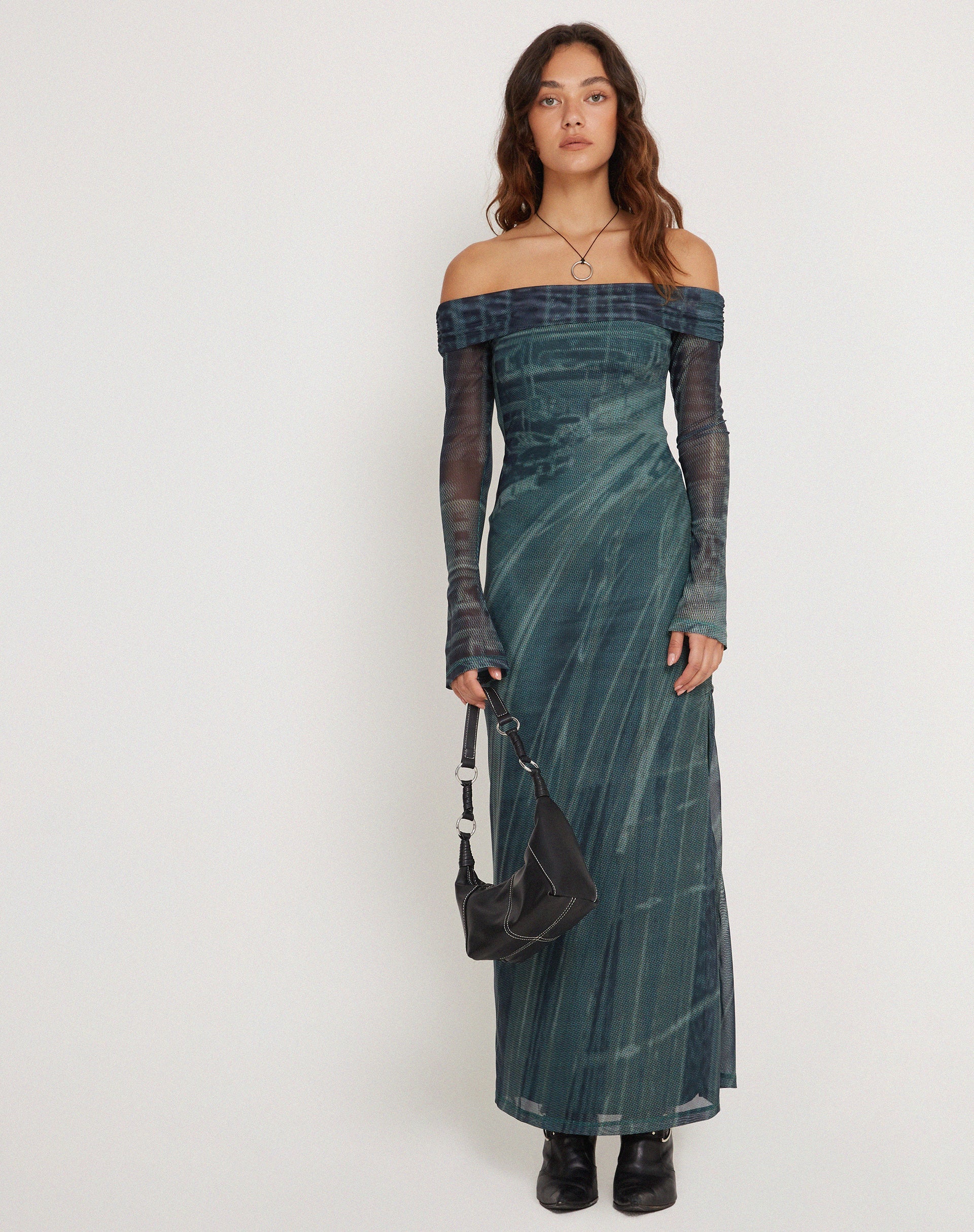 Terra Bardot Midi Dress in Cityscape Green , Long Sleeve Terra Bardot Midi Dress in Cityscape Green , Long Sleeve