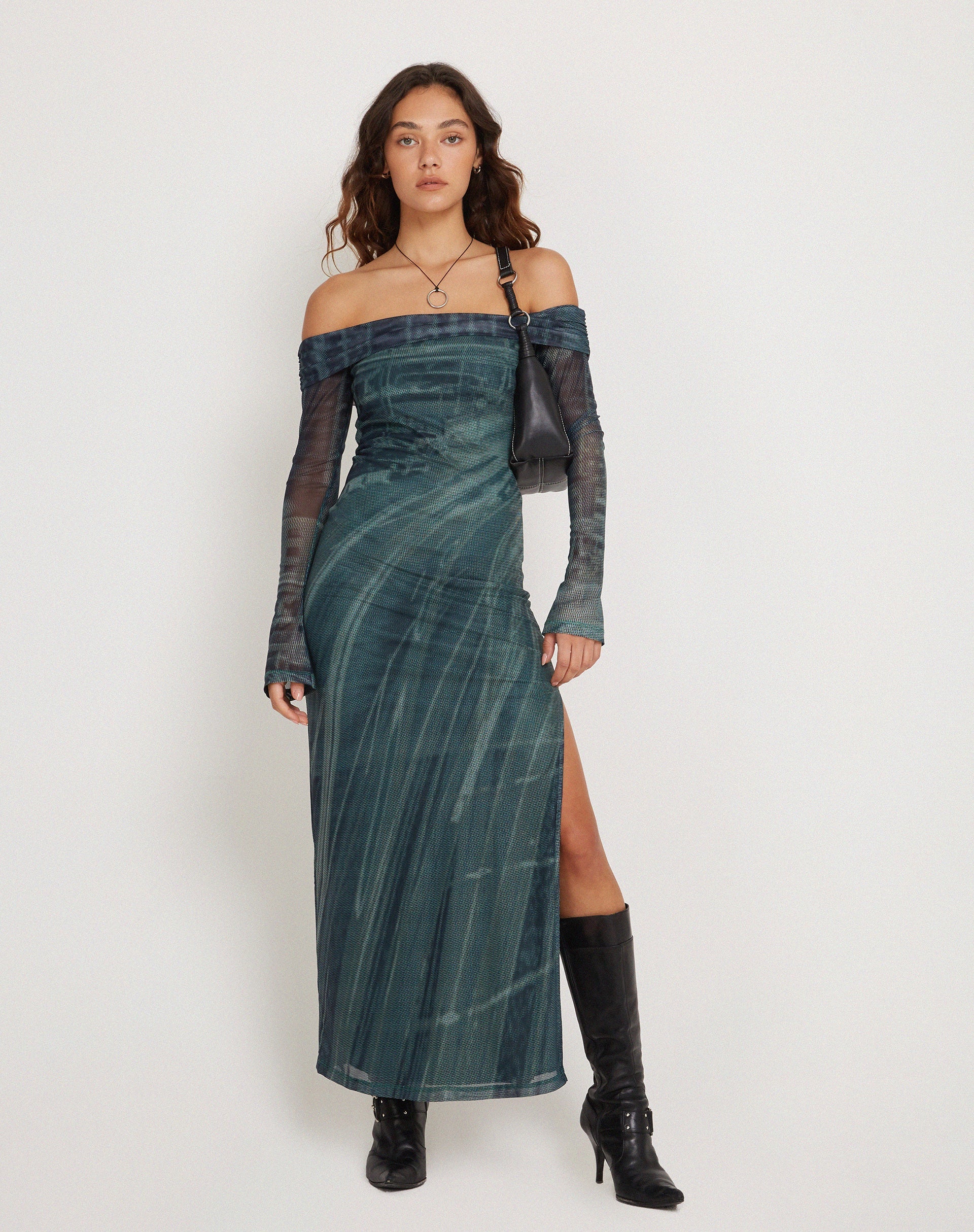 motel terra mesh off-the-shoulder midi dress Motel Terra Mesh Off-The-Shoulder Midi Dress