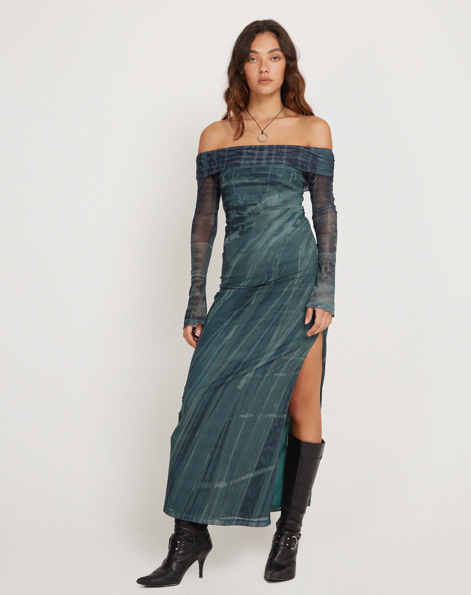 Terra Bardot Midi Dress in Cityscape Green , Long Sleeve Terra Bardot Midi Dress in Cityscape Green , Long Sleeve