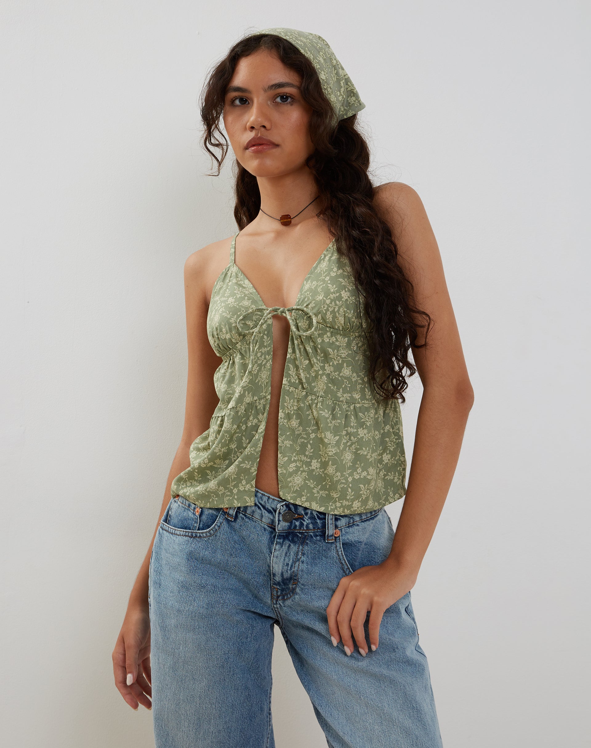 Ditsy Floral Green Tie Front Cami Top