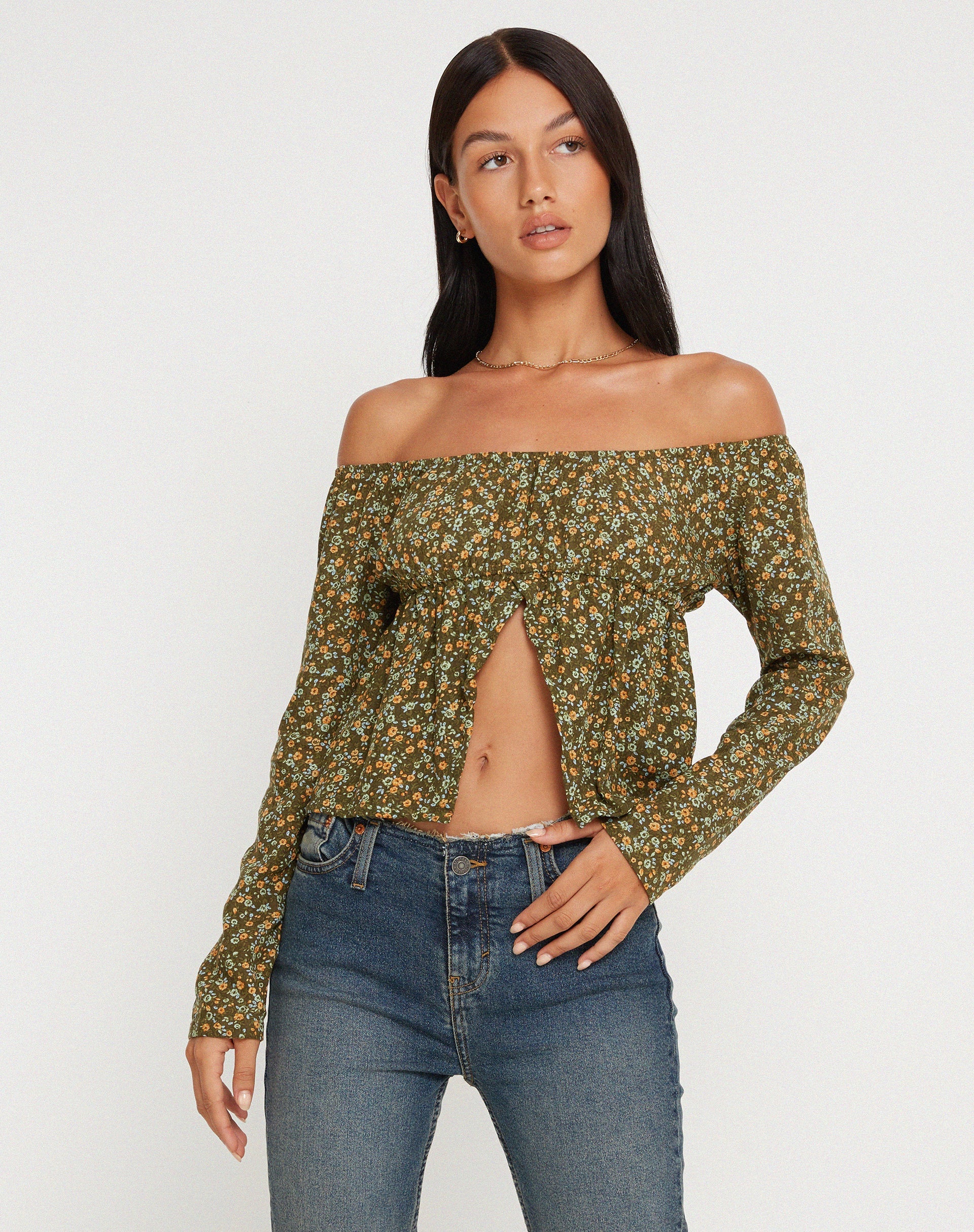 image of THENA TOP GRUNGEY FLORAL KHAKI