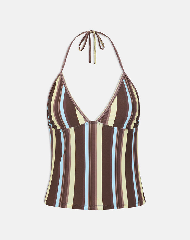 Image of Thorin Tankini in Brown and Blue Linear Stripe