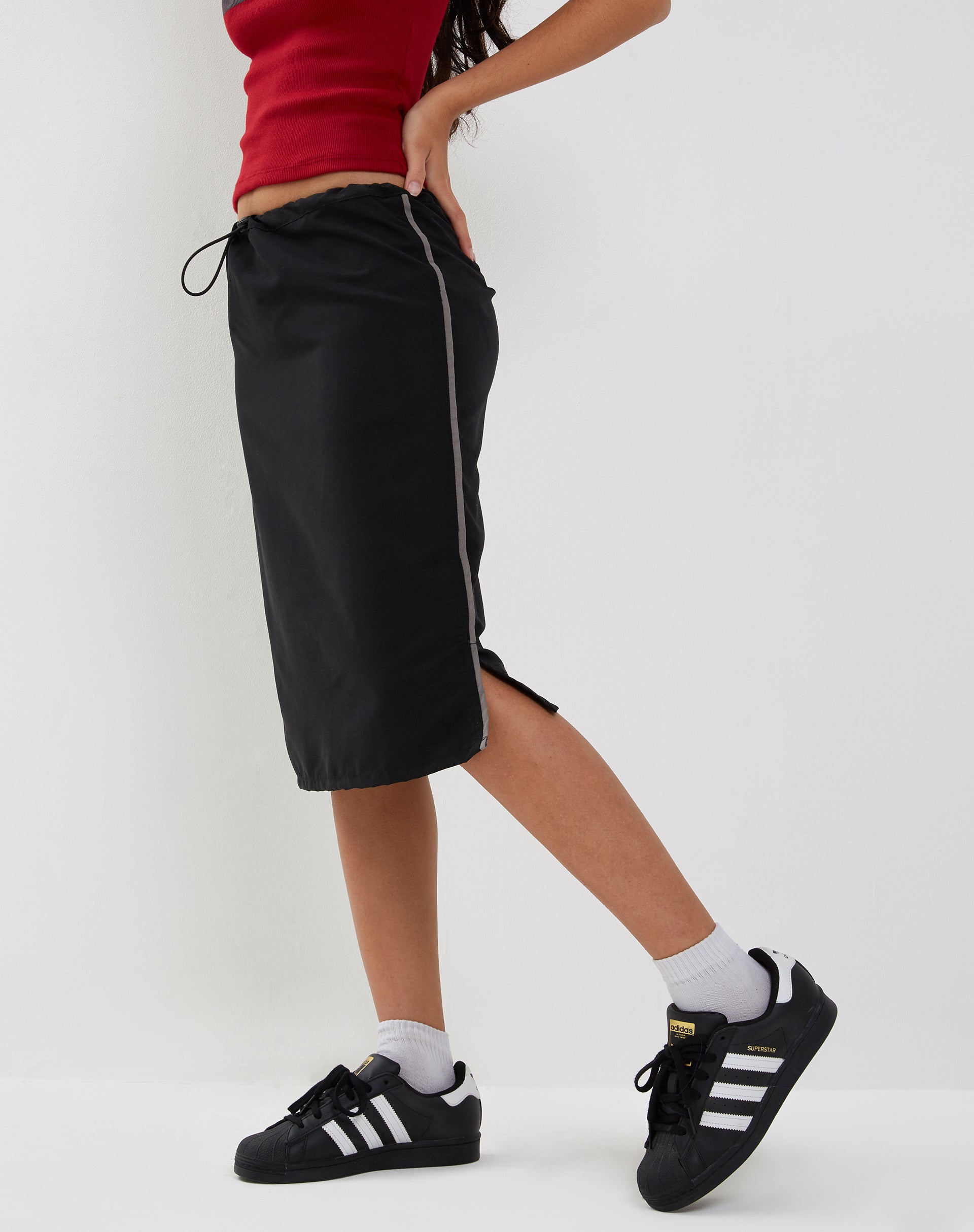 Image of Ashlyn Cargo Midi Skirt in Black with White Stripe