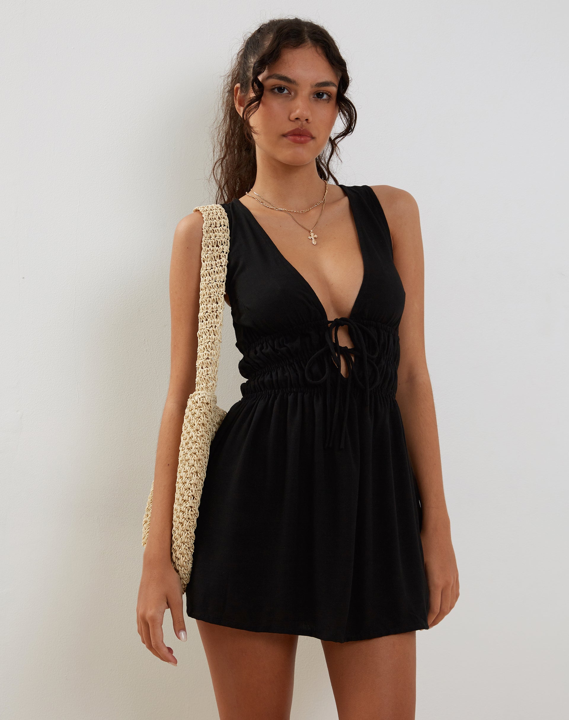 Black tie store front mini dress