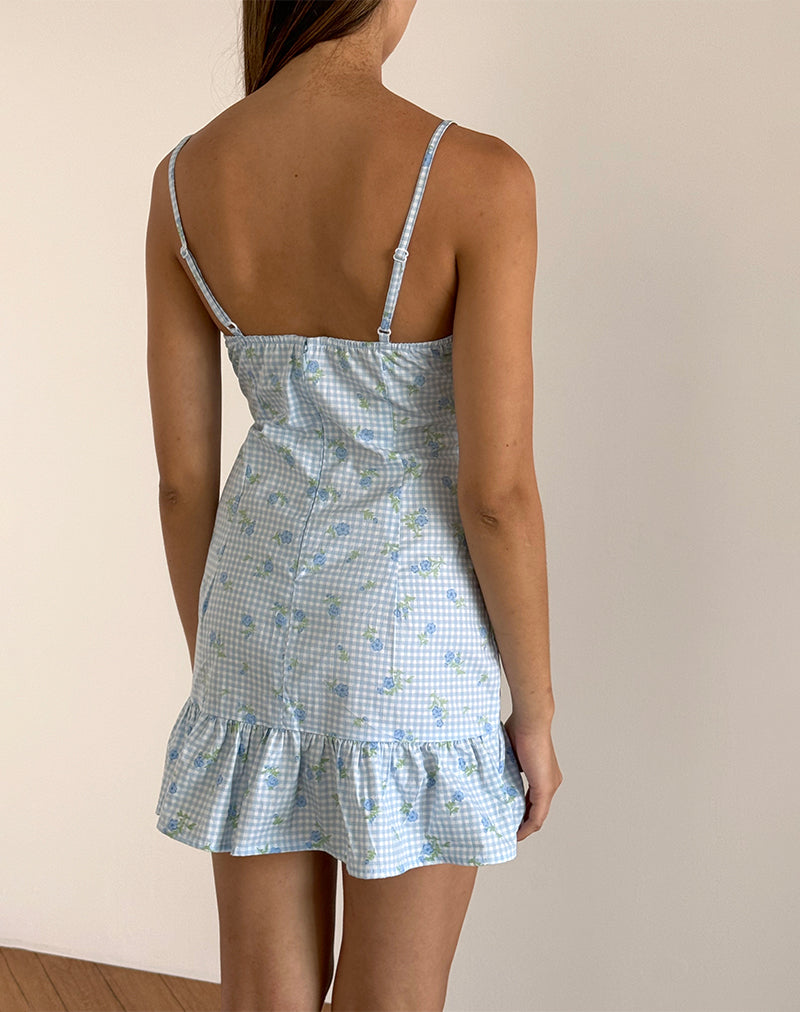 Tivata Mini Dress in Blue Flower Gingham , V Neck , Zip Up Tivata Mini Dress in Blue Flower Gingham , V Neck , Zip Up