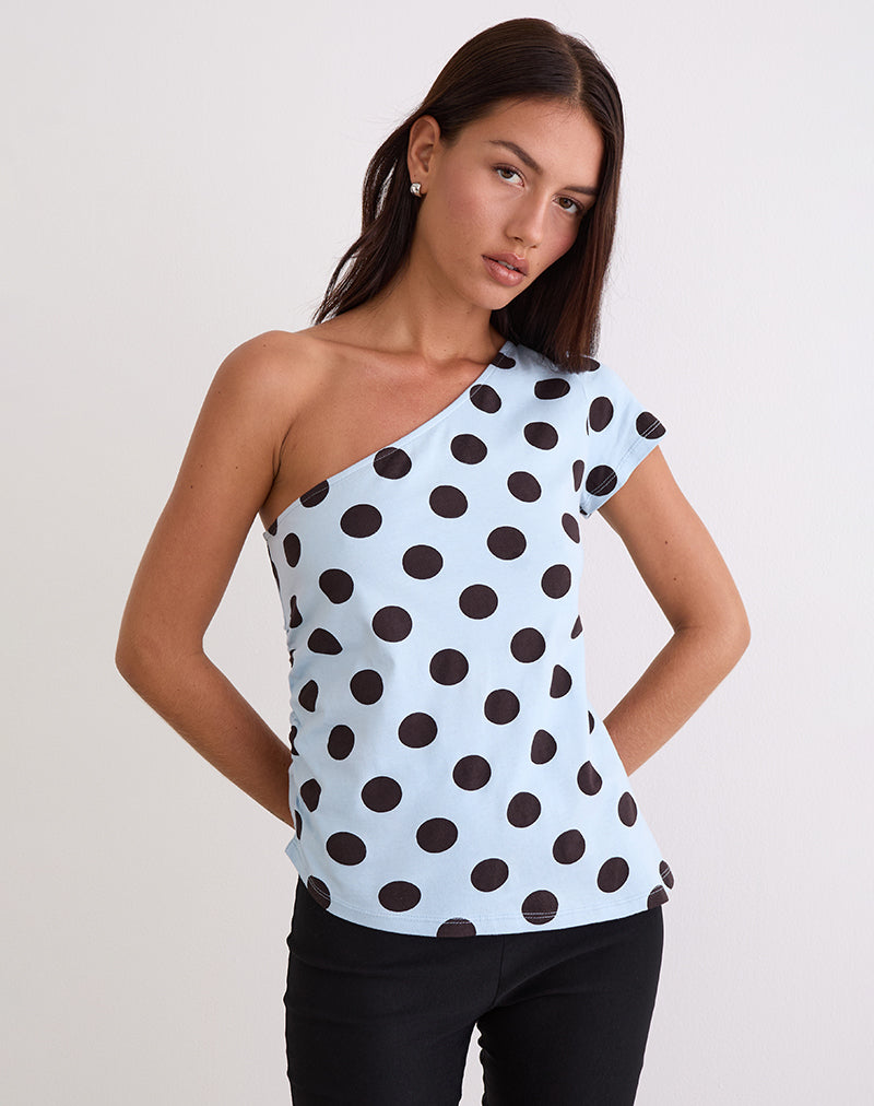 Blue with Brown Polka Dots Asymmetric One Shoulder Tee | Tokiwa
