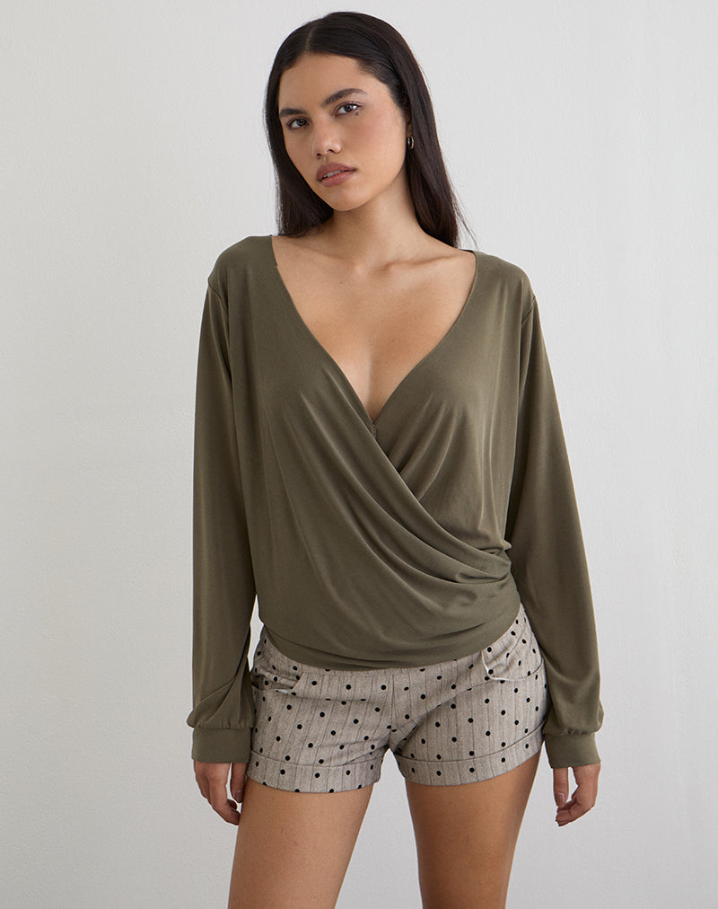 Khaki Cupro Plunge Drape Top | Tricia – motelrocks-com-us
